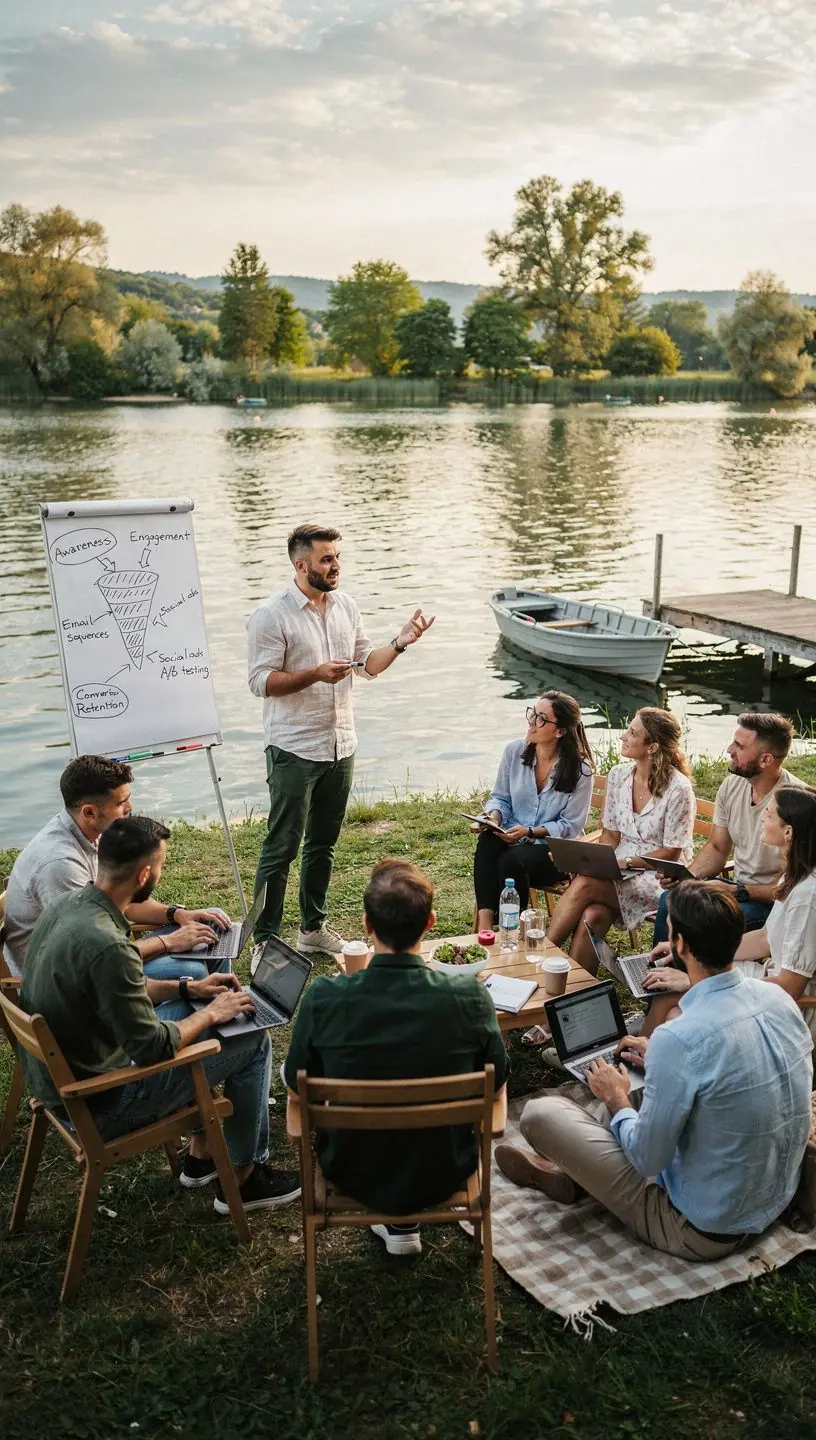 Csoportkép diákokról, akik együtt tanulnak a közösségi média marketingről.