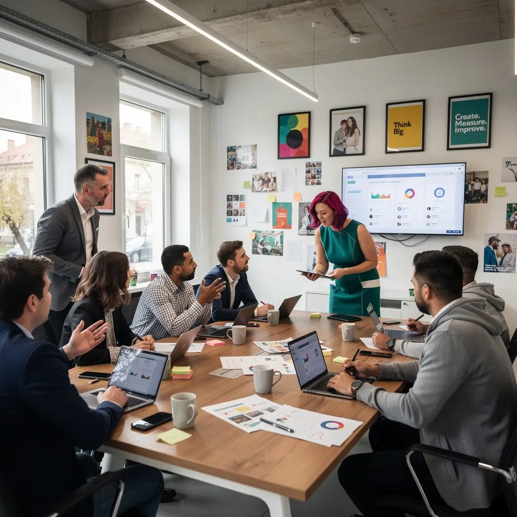 Csoportkép diákokról, akik együtt tanulnak a közösségi média marketingről.