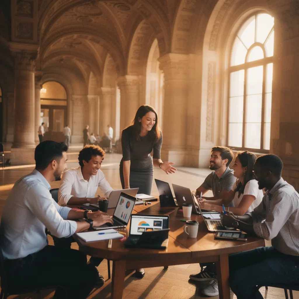 Csoportkép diákokról, akik együtt tanulnak a közösségi média marketingről.