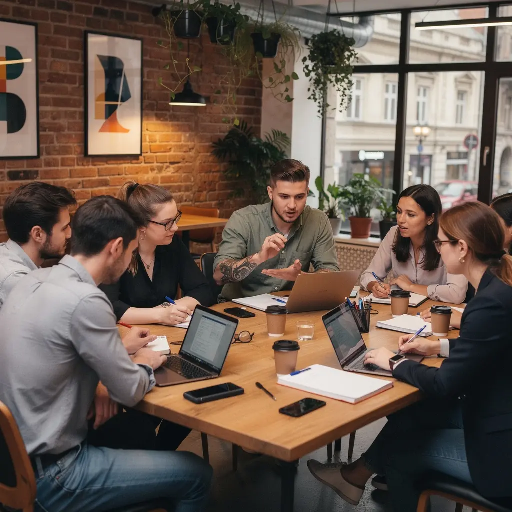 Csoportkép diákokról, akik együtt tanulnak a közösségi média marketingről.